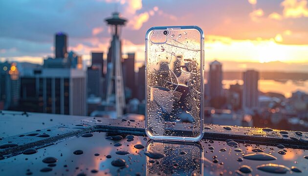 Cracked phone case on wet roof, cityscape sunset backdrop