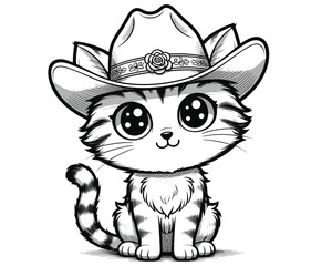 Fototapeta premium Cute Cat Wearing Cowboy Hat – Black and White Sketch Illustration