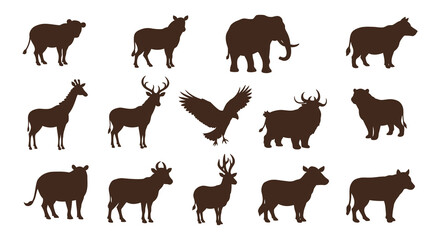 Obraz premium Collection of african wildlife silhouettes including elephants deer and birds