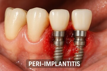 Inflamed gum tissue surrounding dental implants indicating a serious oral health condition requiring immediate professional attention