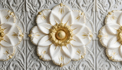 Decorative Ornamental Flower with Gold Accents on Intricate White Ceiling Panel