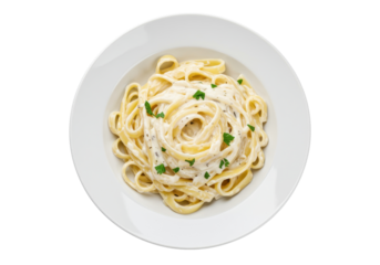 Creamy fettuccine alfredo pasta isolated on white, classic Italian comfort food dish with rich sauce and parsley garnish