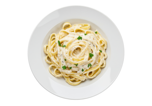 Creamy fettuccine alfredo pasta isolated on white, classic Italian comfort food dish with rich sauce and parsley garnish