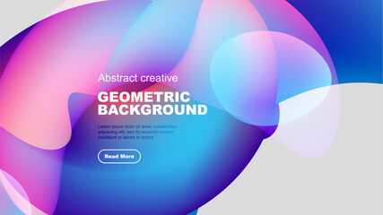 Abstract geometric background features vibrant colors, flowing shapes, text overlay, button. Modern design, gradients create dynamic visual effect.