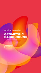 Vibrant abstract shapes overlap black background. Text promotes geometric design, includes call to action button.