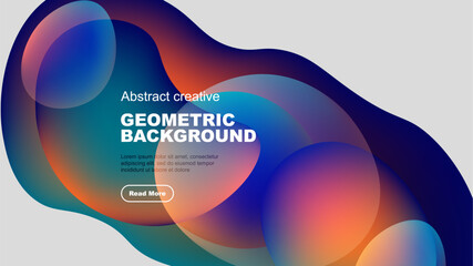 Abstract shapes overlap, creating vibrant color gradients. Text promotes geometric background design, simple layout.