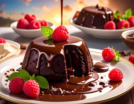 Chocolate dessert with raspberries.  Sunset background