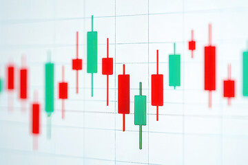 Close up of a financial stock market candlestick chart displaying price movements with red and green candles