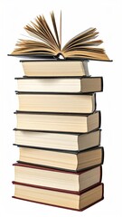 Stack of open books on a white background