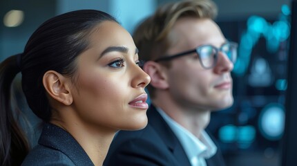 A close-up, head-and-shoulders portrait of two focused, diverse business professionals (one female, one male) intently looking at an off-camera glowing digital screen displaying data.