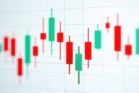 Close up of a financial stock market candlestick chart displaying price movements with red and green candles