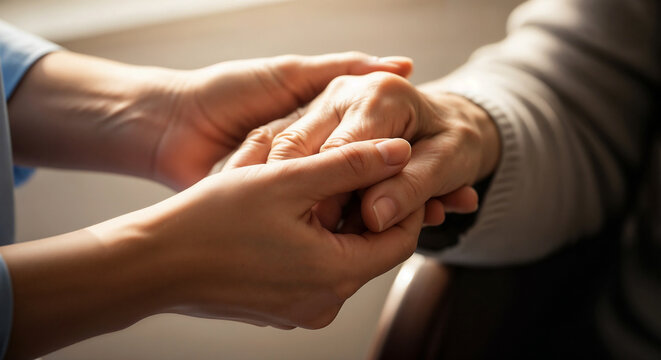 Close-up of two hands holding each other — a young caregiver’s hand gently supporting the wrinkled hand of an elderly person.