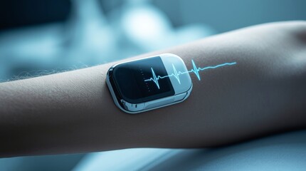 The device is dark with a metallic trim and displays a bright electric blue pulsating heartbeat or ECG/EKG waveform on its surface.