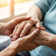 Close-up of two hands holding each other — a young caregiver’s hand gently supporting the wrinkled hand of an elderly person.