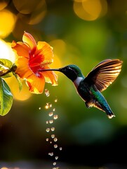 Hummingbird Feeding on Orange Hibiscus Flower
