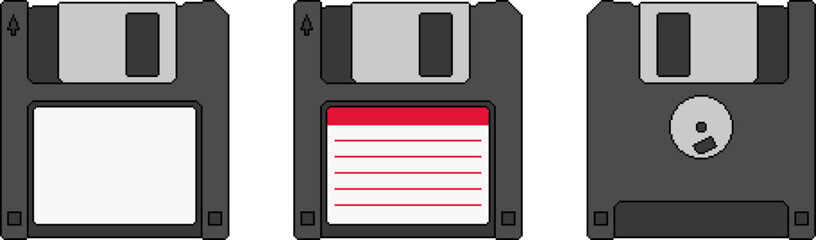 Pixel art floppy disks showing front and back sides. Set of isolated diskettes. Retro data storage vector illustration.
