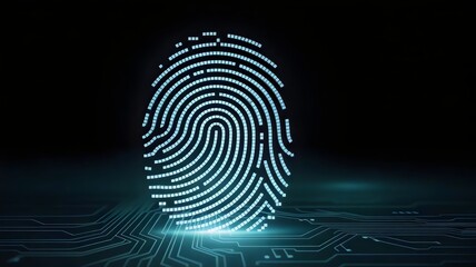 Cyan glowing pixel fingerprint with circuit board background – Suitable for online safety awareness, digital privacy campaigns, or technology branding
