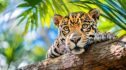 Majestic Jaguar Resting on a Branch in Lush Rainforest.