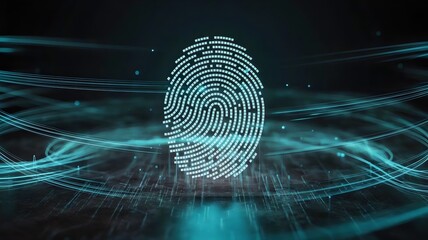 Glowing cyan pixel fingerprint with binary code background – Great for IT security campaigns, data protection themes, or digital identity promotions