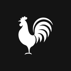 Modern rooster white silhouette vector, featuring a chicken logo on a black background, ideal for agricultural, food, and farm related brands and identities.