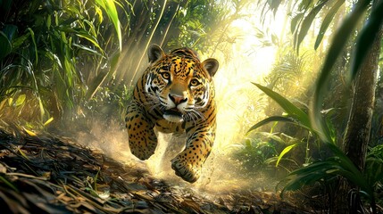 Majestic Jaguar Running Through Sunlit Rainforest.