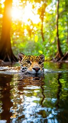 Majestic Jaguar Swimming in Tropical Rainforest River at Sunset