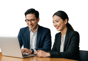Asian business team working together on a laptop isolated on transparent background