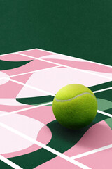 Colorful composition. Overscale tennis ball on pink and green patterned court. Concept of sports promotion, creative education, culture, lifestyle branding and poster design.