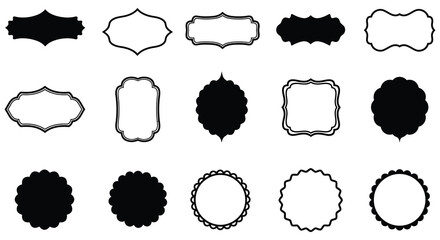 Collection of various black and white decorative frame shapes displayed