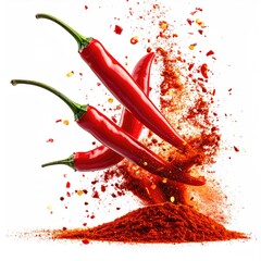 Red chili peppers and powder explode on white