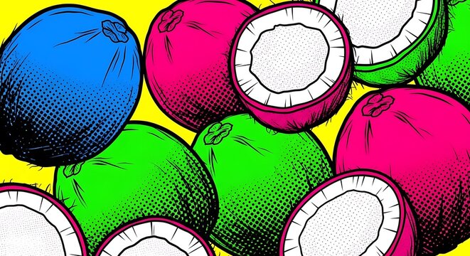 Colorful Tropical Coconuts Graphic Design.
