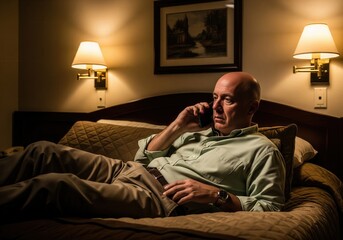 Fototapeta premium Man On Phone In Quiet Hotel Room At Night