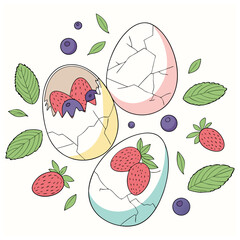 Cracked Pastel Eggs with Berries and Mint Leaves