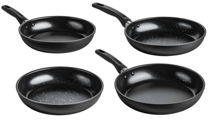 Four black cooking frying pans