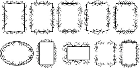 Decorative branch-style frames in oval, square, and rectangle formats for nature-inspired design, invitations, art, and illustration projects