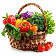 Colorful wicker basket overflowing with fresh vegetables