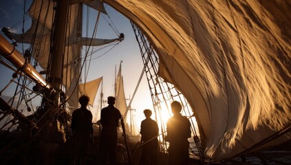 Silhouetted crew on a tall ship at sunset, with sails and rigging against the golden sky.