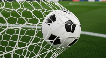 A soccer ball is caught in the net, the ball is white with black spots, the net is white, and the background is green grass and blue wall, a perfect goal moment