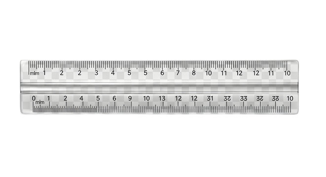 Close up of a clear plastic ruler with black markings on a black background