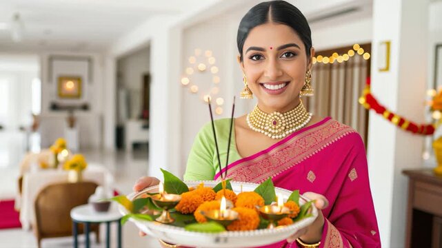 young woman holding puja thali on diwali festival 