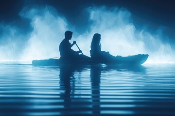 A man and woman paddle a canoe through misty, glowing blue waters. Silhouetted figures against an ethereal background evoke a serene, mysterious journey.