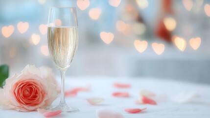 Romantic setting with champagne and rose petals for a special occasion