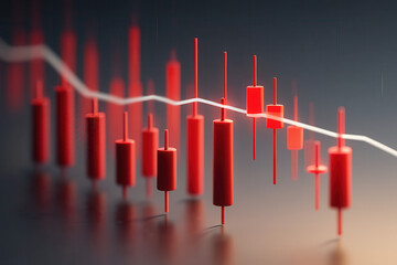 Red candlestick chart shows a sharp downward trend with a white line indicating a declining market performance