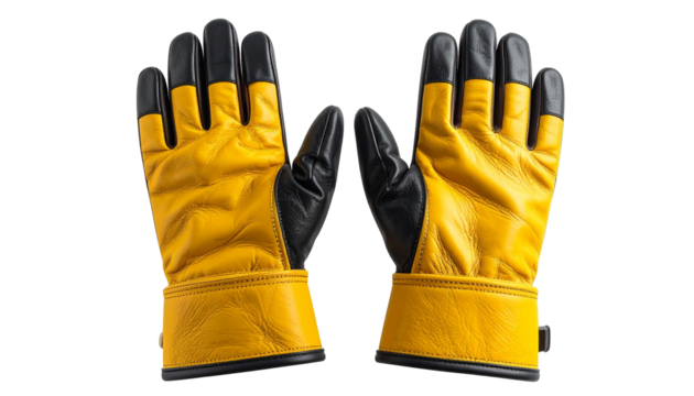 Yellow/black work gloves, palms up