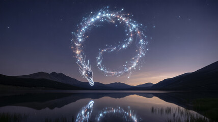 Celestial Dragon Above Waters: A luminous celestial dragon composed of shimmering lights dances gracefully across the night sky, its reflection mirrored in the serene waters below.