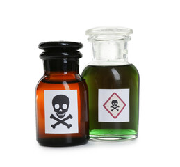Bottles of poison with warning sign isolated on white