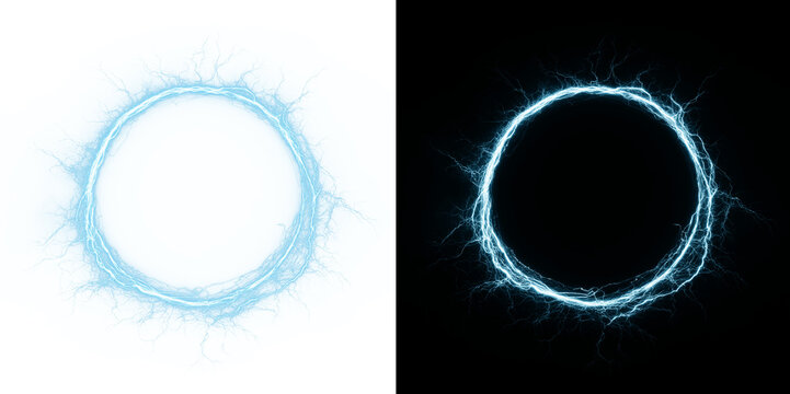 Electric blue lightning circle frame. Powerful energy shockwave.
