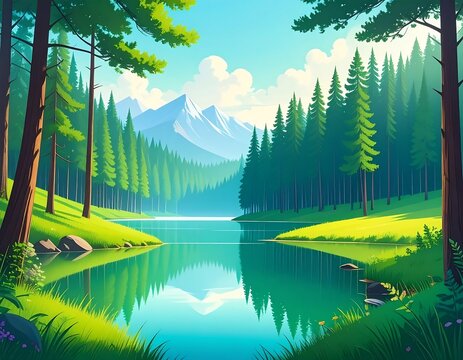 Serene lake nestled in a lush forest - Powered by Adobe