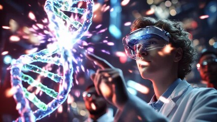 Futuristic Scientist in AR Goggles Interacting with Holographic DNA for Genetic Research and Biohacking - Powered by Adobe