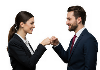 Business man and woman fist bumping in agreement isolated on transparent background
